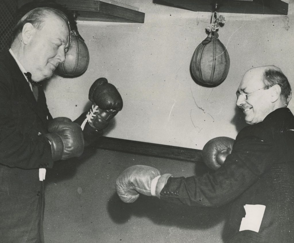 Photo of boxers with faces of Churchill and Attlee pasted over